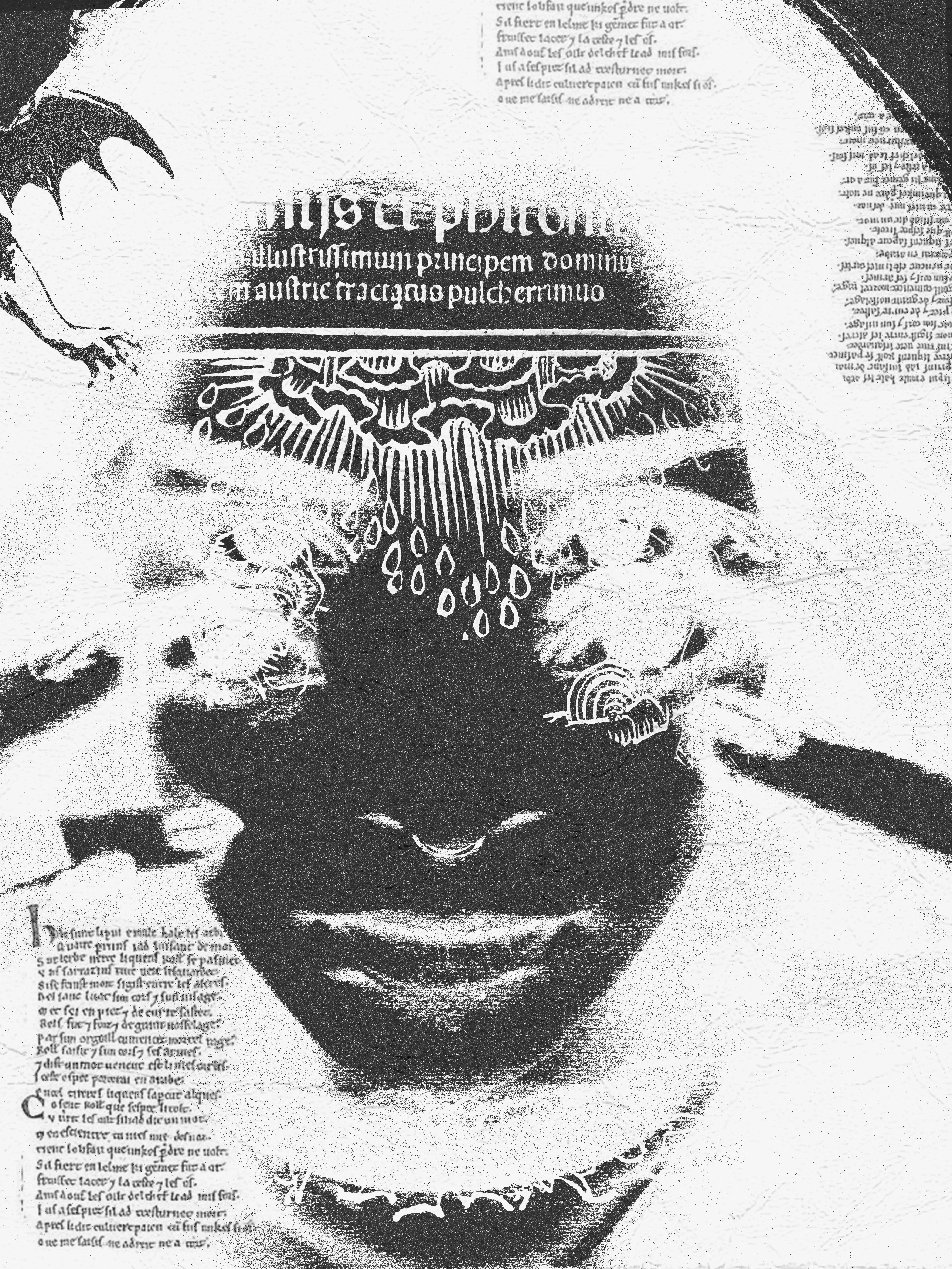 Affiche noir et blanc représentant un visage avec plusieurs yeux et éléments graphiques.